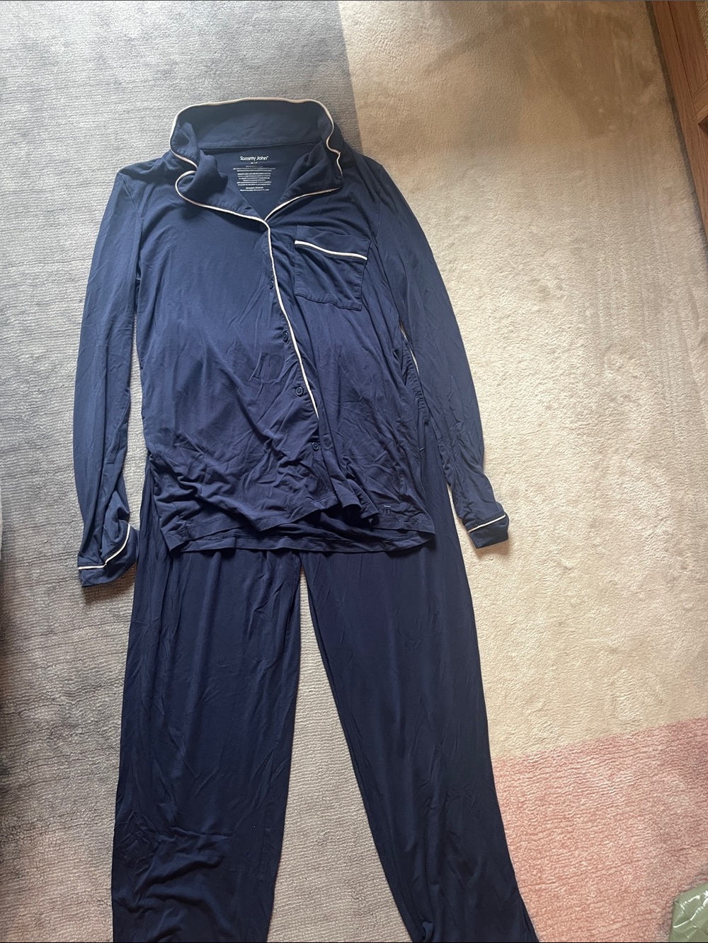 Tommy John Navy Blue Long Pajama Set with White Piping